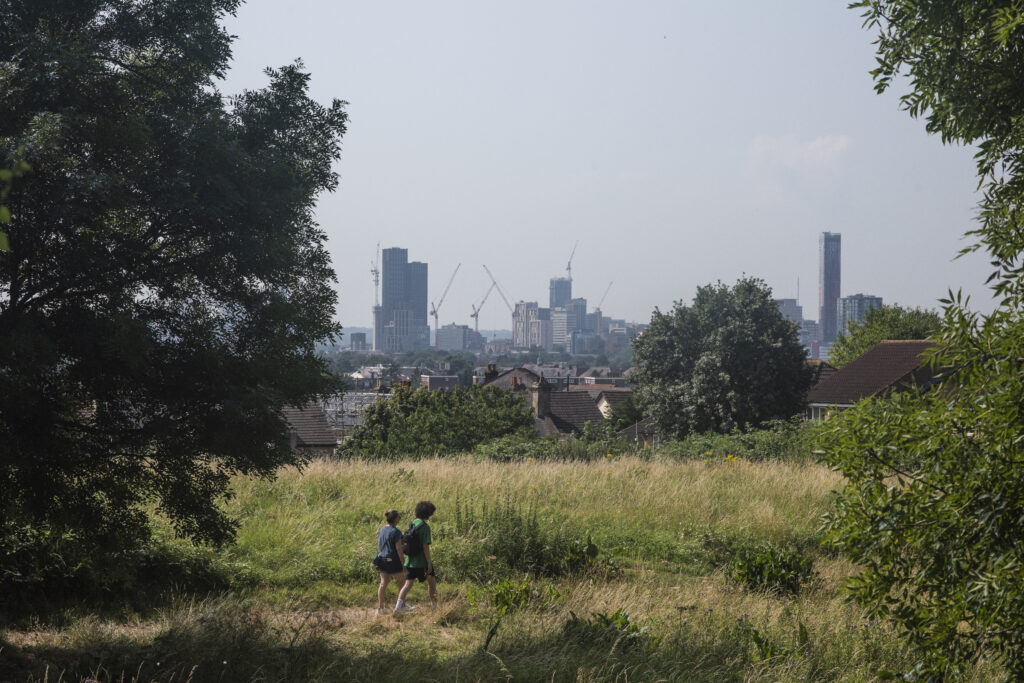 Two people walking through a grassy field with a city skyline in the distance.