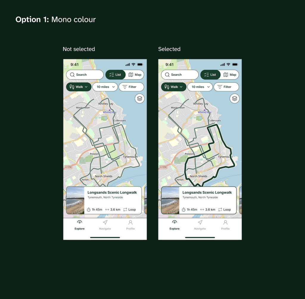 Slide titled “Option 1: Mono colour” comparing two mobile map screens labelled “Not selected” and “Selected.” Both show walking routes around Tynemouth and North Shields in a single green colour. The selected example highlights one route with a thicker dark-green line while the other routes remain thinner and more muted.