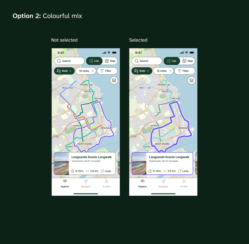 Slide titled “Option 2: Colourful mix” comparing two mobile map screens labelled “Not selected” and “Selected.” The not-selected map shows multiple routes in blue, orange, teal and purple with similar prominence. The selected map highlights one route in thick purple while the other coloured routes are faded.