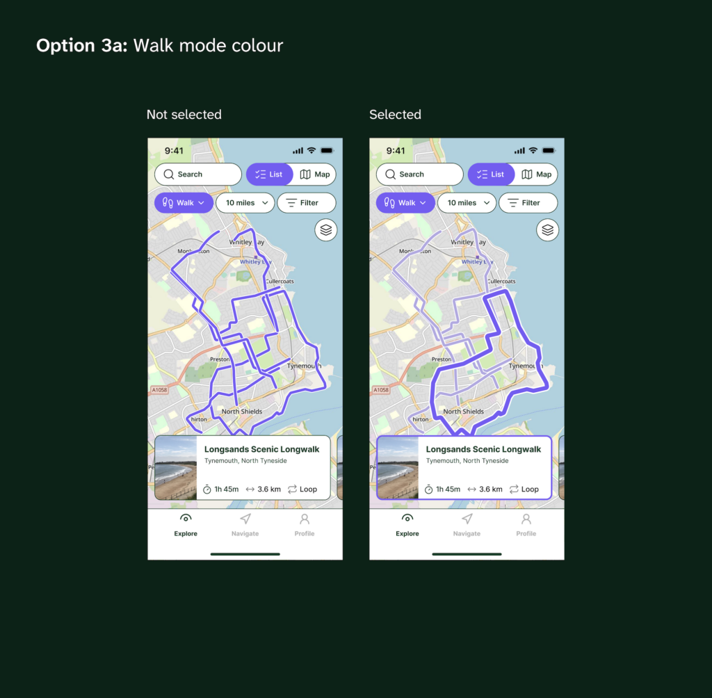 Slide titled “Option 3a: Walk mode colour” comparing two mobile map screens labelled “Not selected” and “Selected.” The walk-mode interface uses purple controls and purple route lines. The selected example highlights one route in thick purple while the remaining routes are pale lavender.