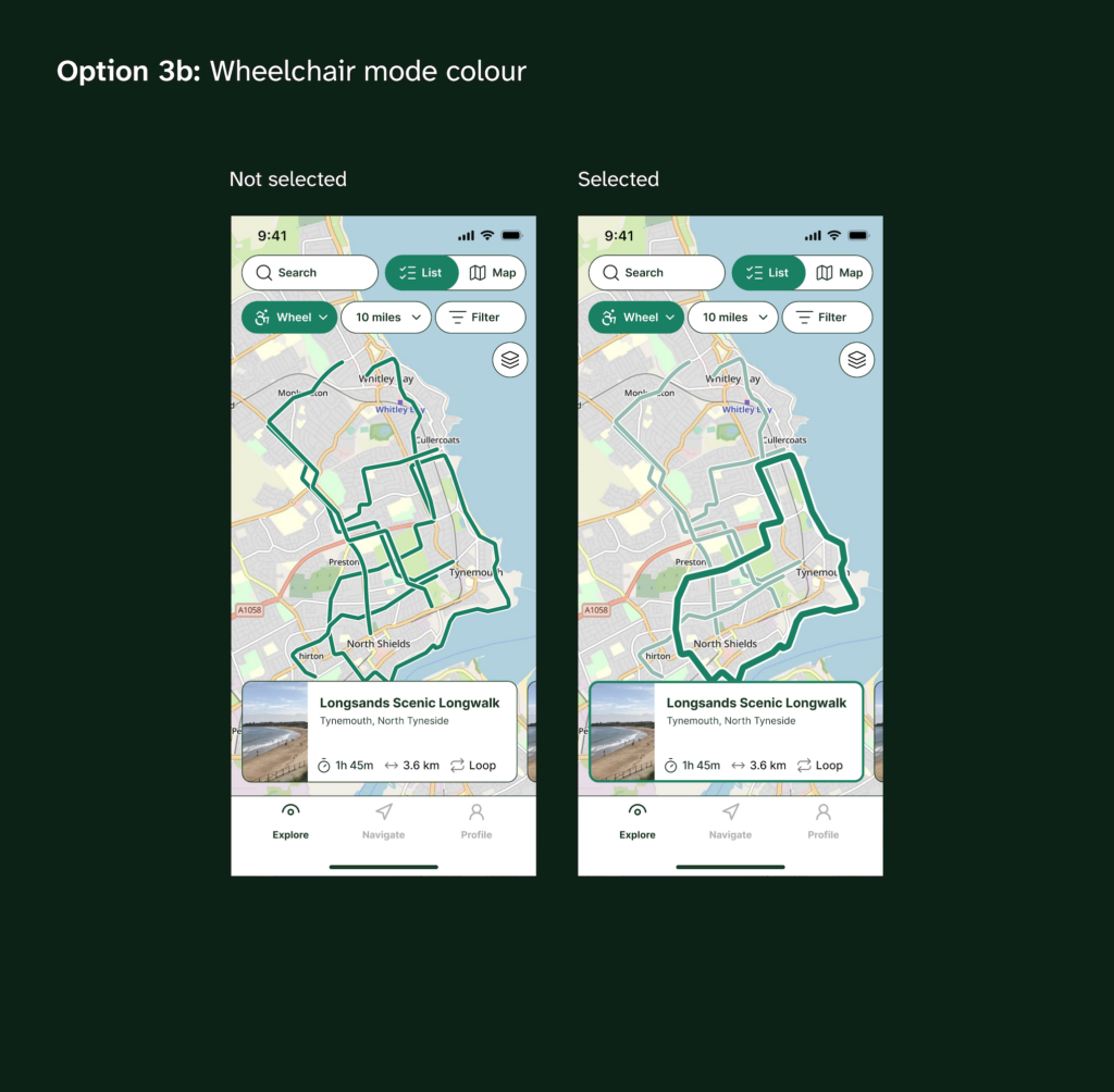 Slide titled “Option 3b: Wheelchair mode colour” comparing two mobile map screens labelled “Not selected” and “Selected.” The wheelchair-mode interface uses teal controls and teal route lines. The selected example highlights one route in thick dark teal while the remaining routes are pale mint.