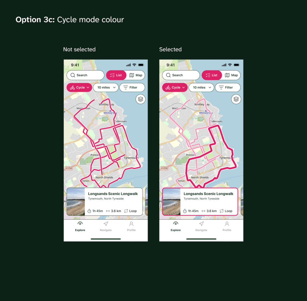 Slide titled “Option 3c: Cycle mode colour” comparing two mobile map screens labelled “Not selected” and “Selected.” The cycle-mode interface uses bright pink controls and pink route lines. The selected example highlights one route in thick magenta while the remaining routes are pale pink.