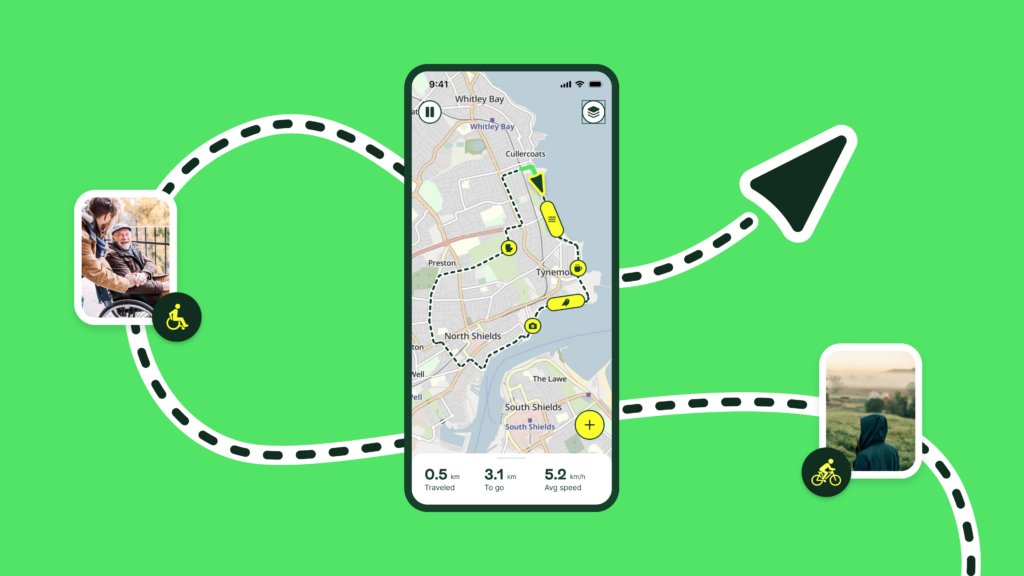 Green slide showing a smartphone map interface with a route, dotted travel lines, a large navigation arrow, small activity photo cards, and progress stats including distance, time, and average speed.