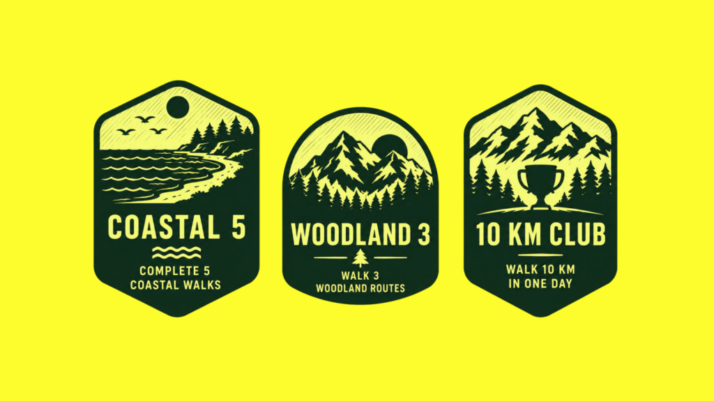 Bright yellow slide with three dark green achievement badges: Coastal 5, Woodland 3, and 10 KM Club, each decorated with outdoor route imagery.