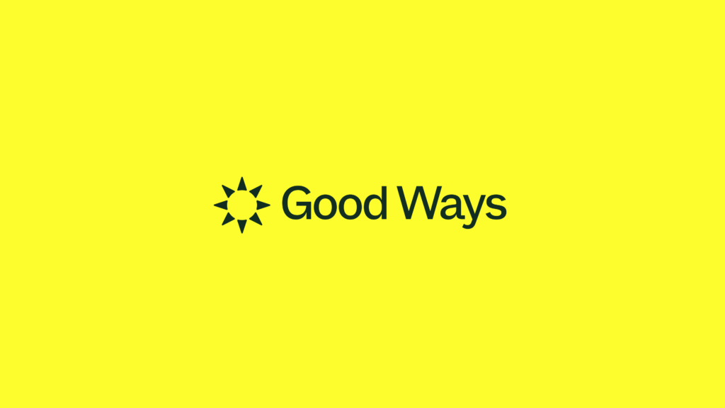 Bright yellow slide with the Good Ways logo centered: a dark green sun-like compass mark beside the words "Good Ways". The compass is made from 8 small navigation arrows.
