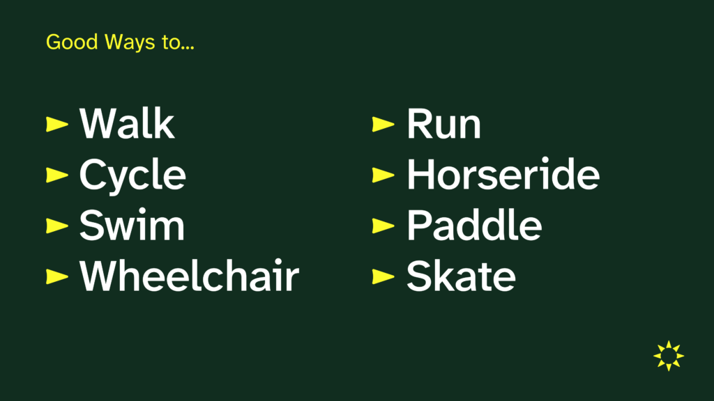 Dark green slide headed "Good Ways to..." with yellow arrow bullets listing Walk, Cycle, Swim, Wheelchair, Run, Horseride, Paddle, and Skate.