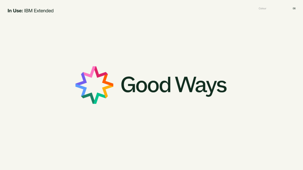 Good Ways logo shown using the IBM Extended colour palette, with a multicolour star symbol and dark green wordmark.