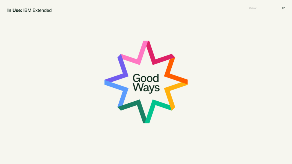 Large Good Ways star symbol using the IBM Extended colour palette, with the words “Good Ways” placed inside the star.