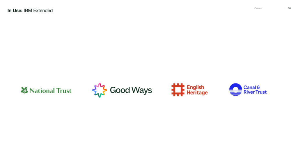 Good Ways logo using the IBM Extended palette shown alongside National Trust, English Heritage, and Canal & River Trust logos.