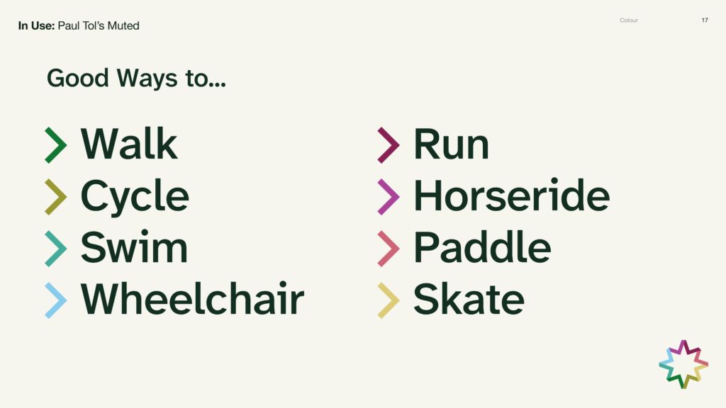 Paul Tol’s Muted palette applied to a “Good Ways to…” activity list, showing Walk, Cycle, Swim, Wheelchair, Run, Horseride, Paddle, and Skate with coloured chevrons.