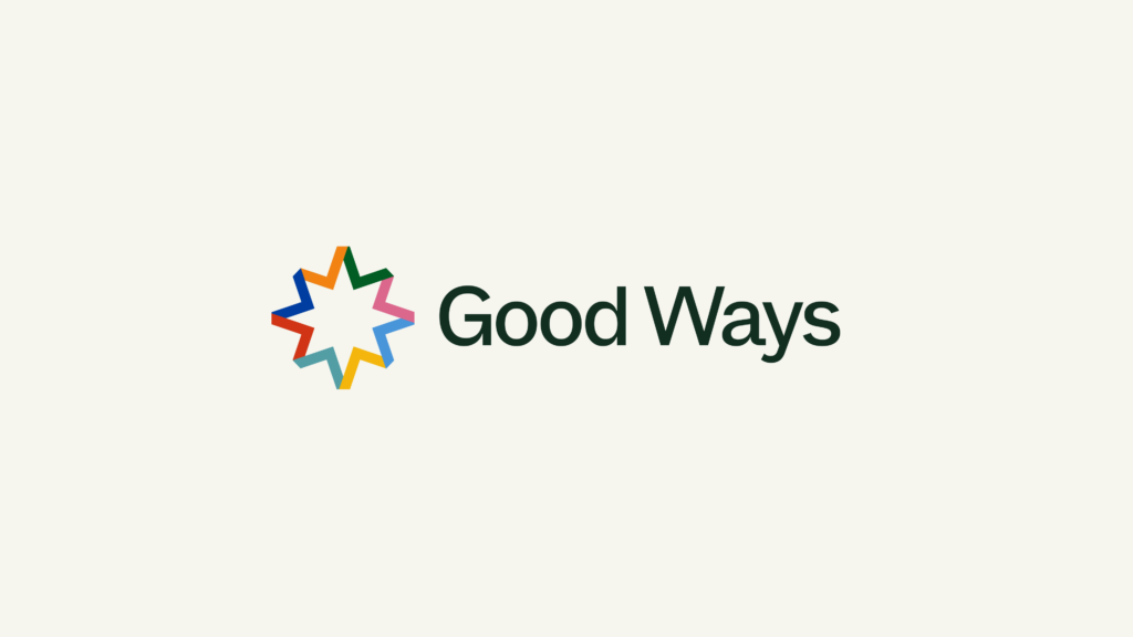 Minimal Good Ways logo on a light background: a multicoloured star-shaped route mark to the left of the dark green words "Good Ways". The star is made from 8 chevrons, 8 points and 8 colours.