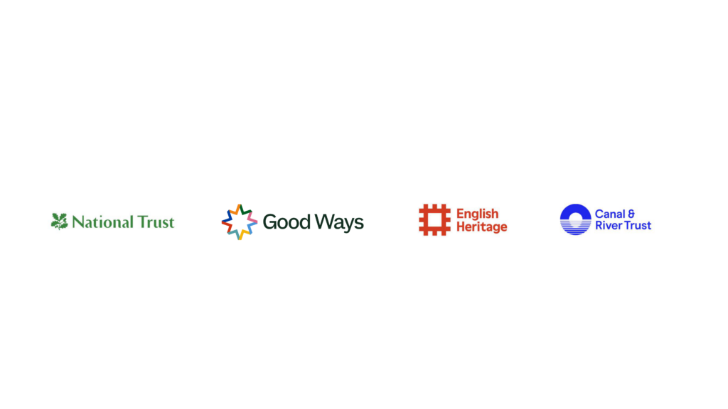 White slide showing compartive logos in a row: National Trust, Good Ways, English Heritage and Canal & River Trust.
