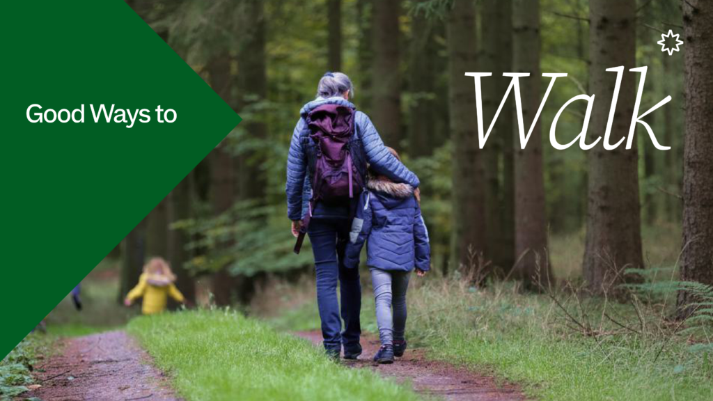 Promotional image for walking: two people walking along a forest path, with a green arrow panel on the left reading "Good Ways to" and large white text on the right reading "Walk". A small Good Ways star icon appears in the top right.