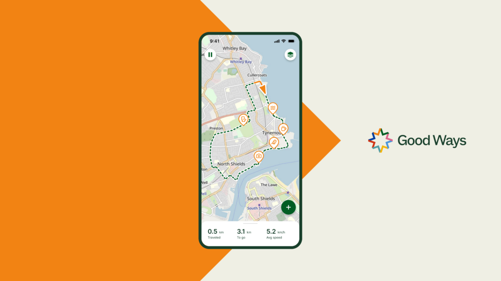 App concept slide with an orange arrow shape on the left, a smartphone map interface in the center showing a route around the coast, and the Good Ways logo on the right. The phone screen includes trip stats such as 0.5 km travelled, 3.1 km to go, 5.2 km/h average speed and 3.2 visited hexes.