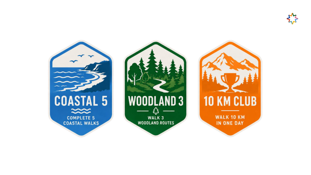 White slide showing three illustrated achievement badges: a blue "Coastal 5" badge for completing five coastal walks, a green "Woodland 3" badge for walking three woodland routes, and an orange "10 KM Club" badge for walking 10 km in one day. A small Good Ways star icon appears in the top right.