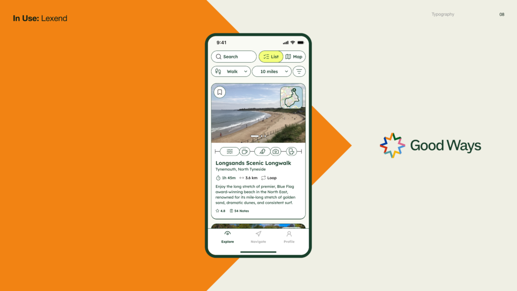 Lexend shown in a mobile app mockup for Good Ways, with a route listing for Longsands Scenic Longwalk and the Good Ways logo.