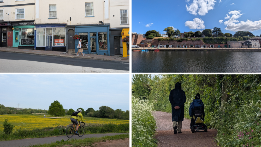 A collage of paths. Two people shopping on Fore Street with independent shops behind them, someone cycling by Exeter's Riverside Valley Park, the quay with the River Exe and two people on a walk, with one using a mobility scooter.