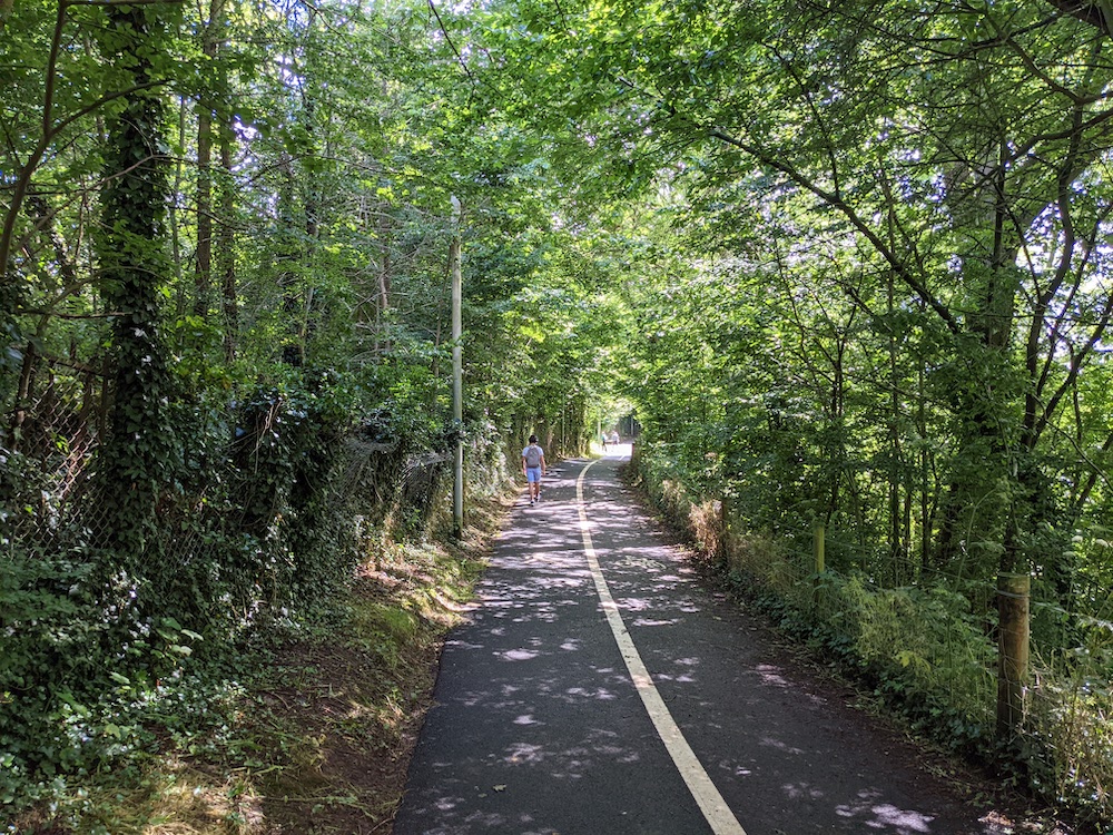 A person walking down a long hard surface path surrounded by trees.