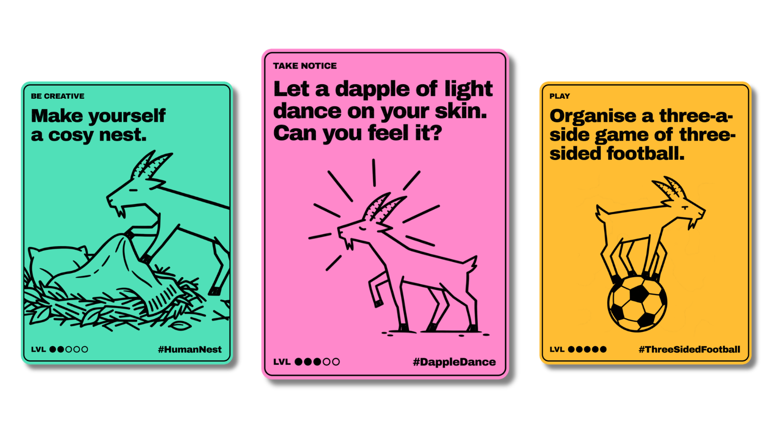 Three colourful How to Grow a Goat activity cards featuring cartoon goats. Activities encourage children to build a cosy nest, feel sunlight on their skin and organise a game of three-sided football.