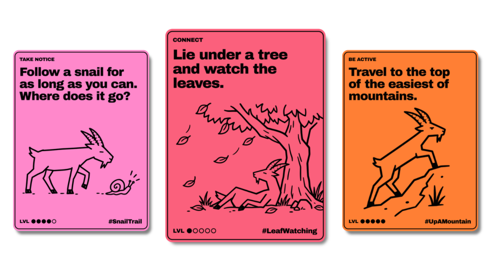 Three illustrated How to Grow a Goat activity cards in pink and orange. Cartoon goats demonstrate outdoor challenges: following a snail, lying under a tree watching leaves and climbing an easy mountain.