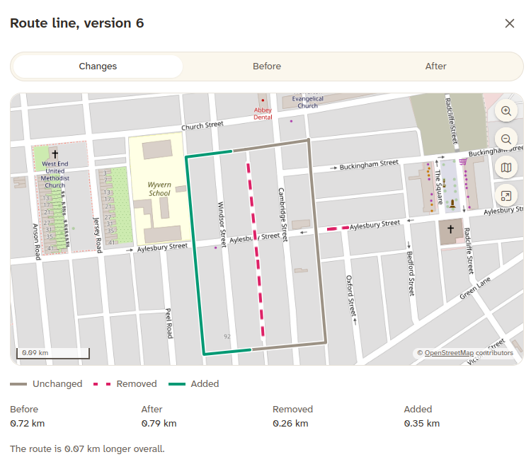 A screenshot of the Good Ways revision viewer, showing the old and new route on the map at the same time. Where the two routes overlap, the line is grey. The changes are green. The old route is red.